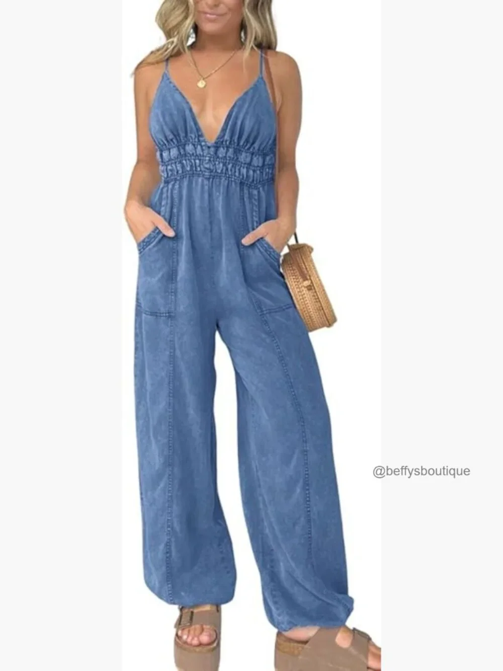 Smocked Elastic Waist Denim Jumpsuit Sleeveless Wide Leg Overall Romper - Picture 1 of 7